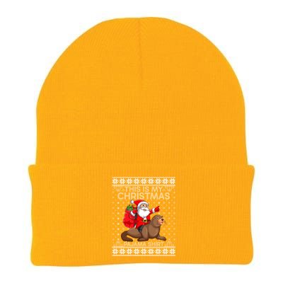 This Is My Christmas Pajamas Santa Riding Sea Lion Ugly Gift Knit Cap Winter Beanie