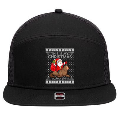 This Is My Christmas Pajamas Santa Riding Sea Lion Ugly Gift 7 Panel Mesh Trucker Snapback Hat