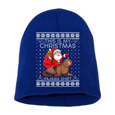 This Is My Christmas Pajamas Santa Riding Sea Lion Ugly Gift Short Acrylic Beanie