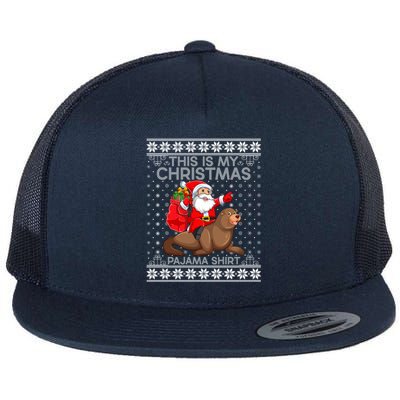 This Is My Christmas Pajamas Santa Riding Sea Lion Ugly Gift Flat Bill Trucker Hat