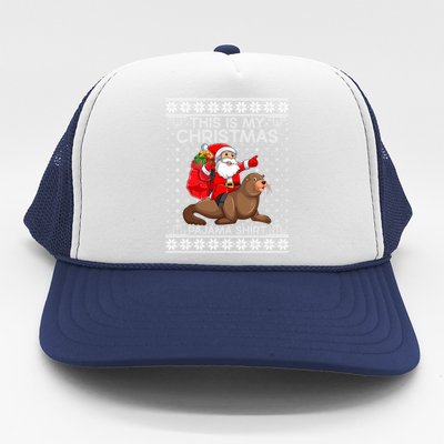 This Is My Christmas Pajamas Santa Riding Sea Lion Ugly Gift Trucker Hat