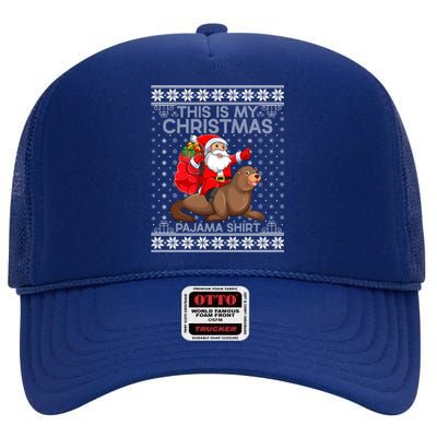 This Is My Christmas Pajamas Santa Riding Sea Lion Ugly Gift High Crown Mesh Back Trucker Hat