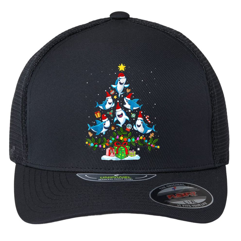 This Is My Christmas Pajama Shirt Funny Christmas Shark Tree Flexfit Unipanel Trucker Cap