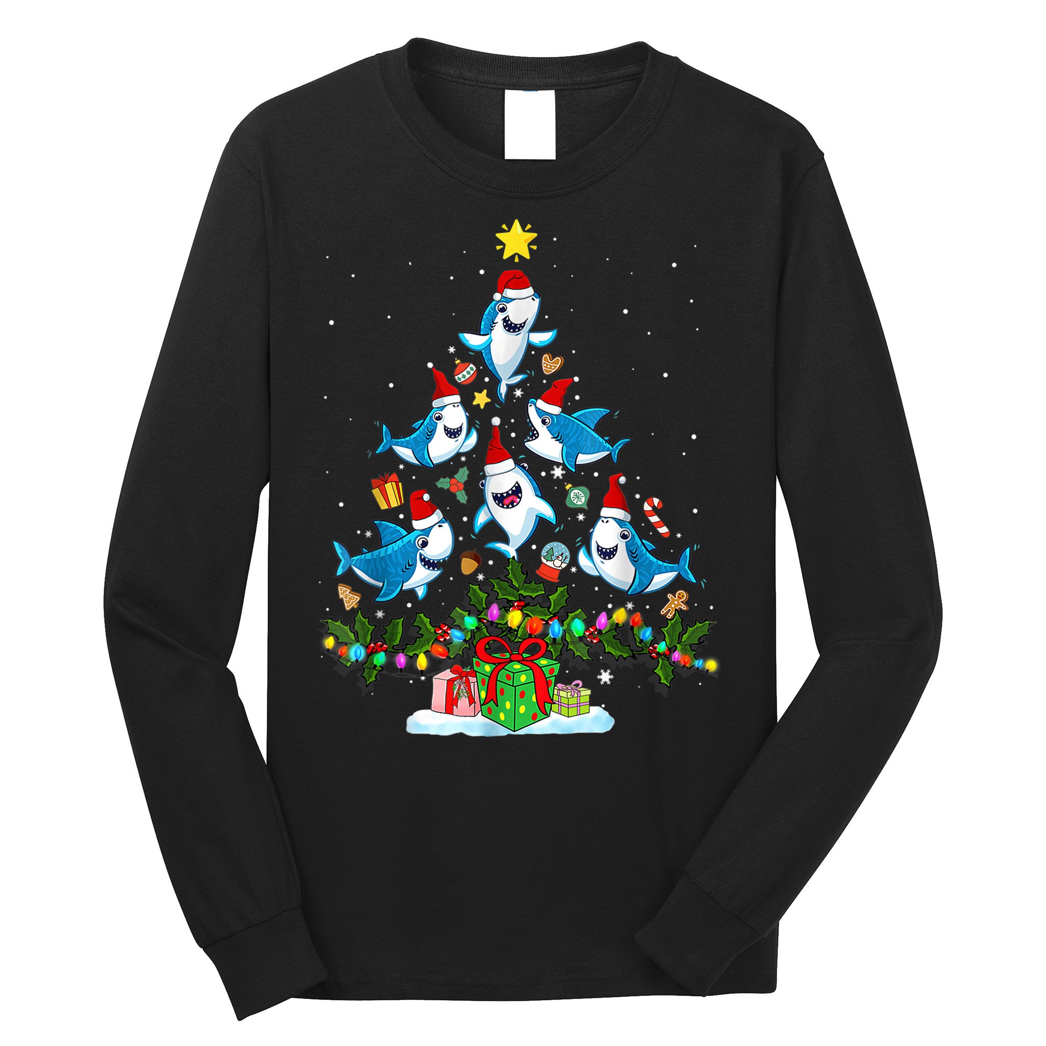 This Is My Christmas Pajama Shirt Funny Christmas Shark Tree Long Sleeve Shirt