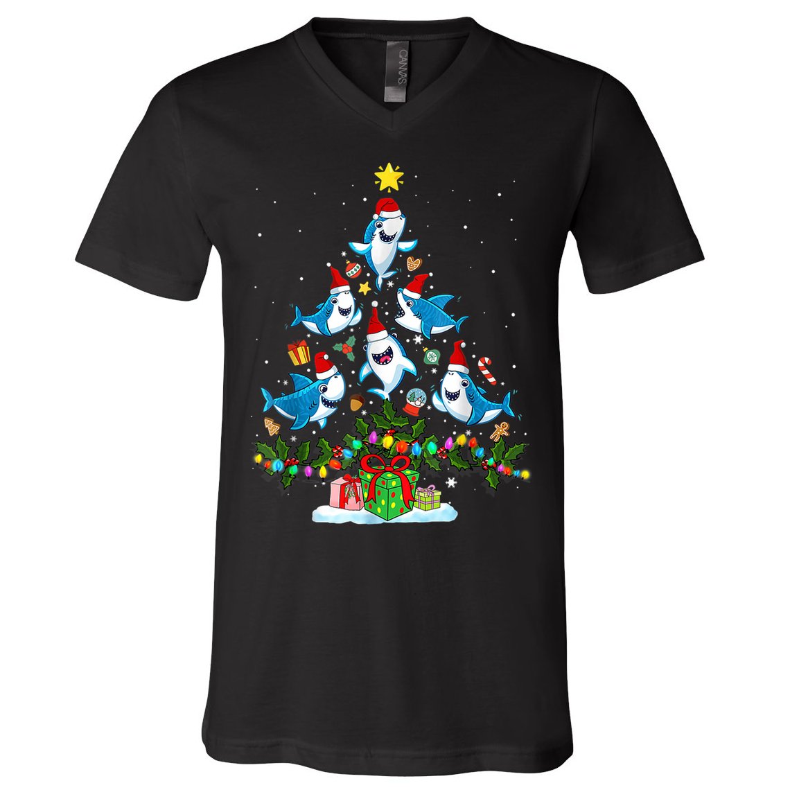 This Is My Christmas Pajama Shirt Funny Christmas Shark Tree V-Neck T-Shirt