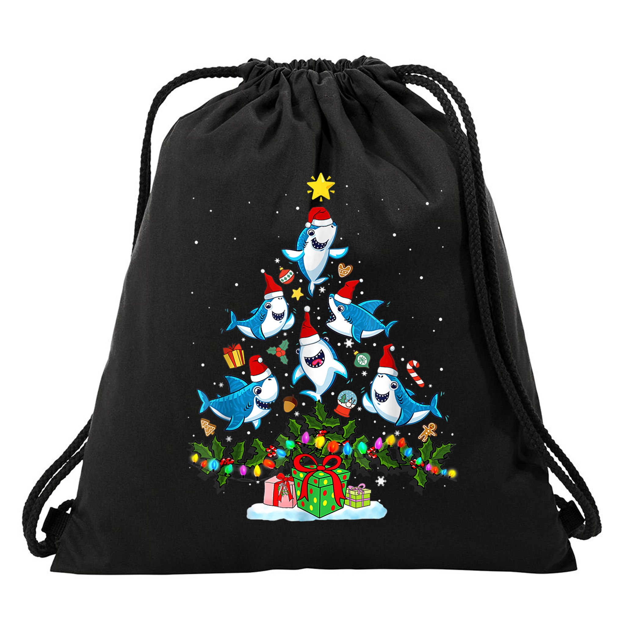 This Is My Christmas Pajama Shirt Funny Christmas Shark Tree Drawstring Bag