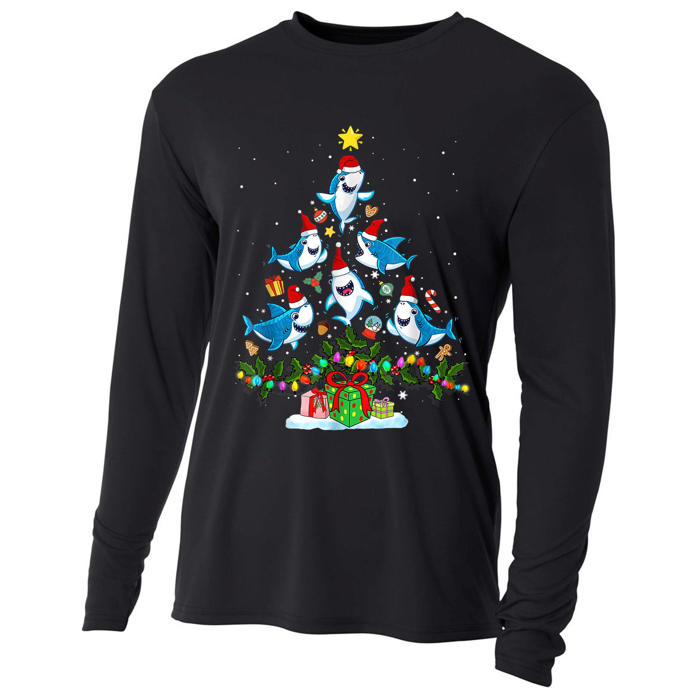 This Is My Christmas Pajama Shirt Funny Christmas Shark Tree Cooling Performance Long Sleeve Crew
