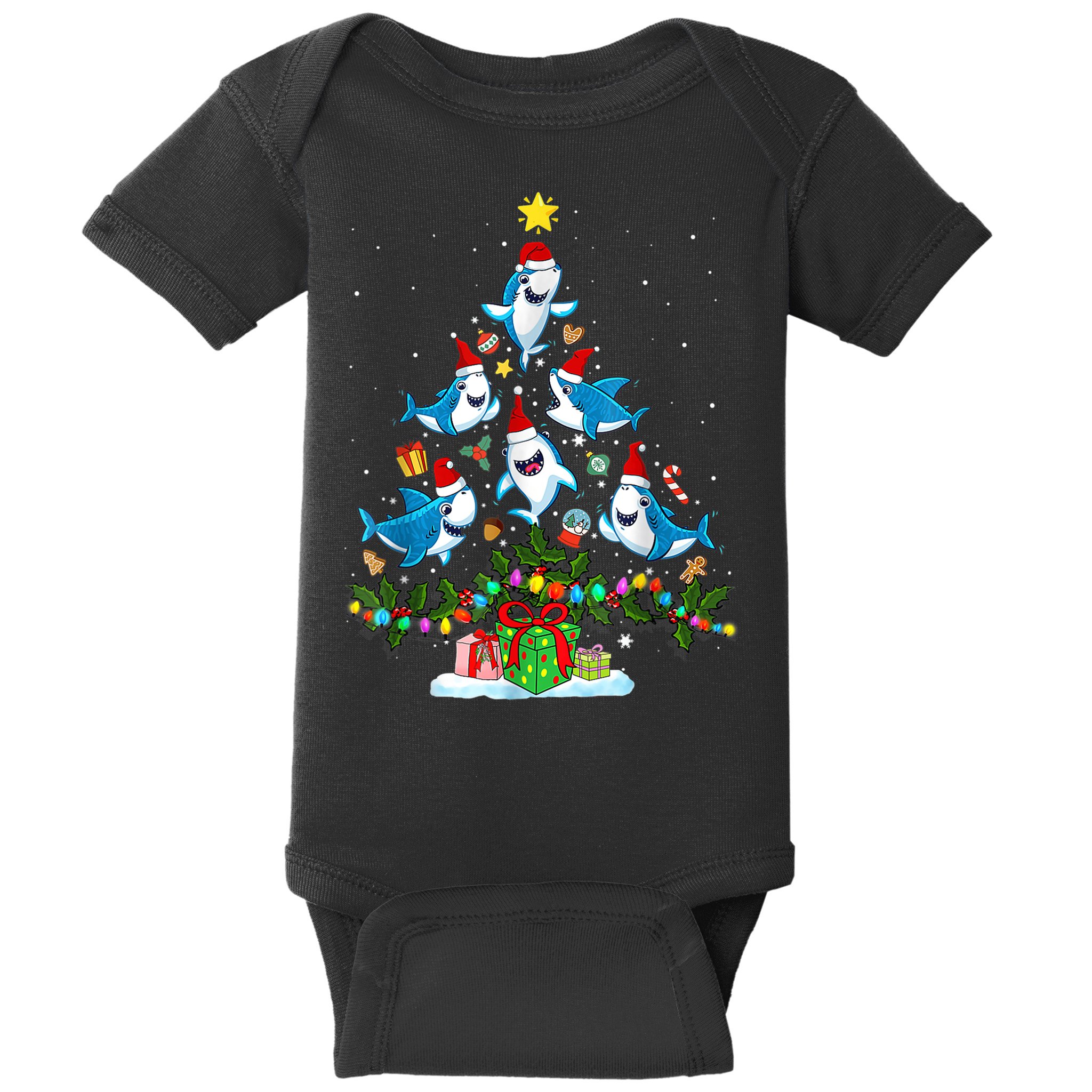 This Is My Christmas Pajama Shirt Funny Christmas Shark Tree Baby Bodysuit