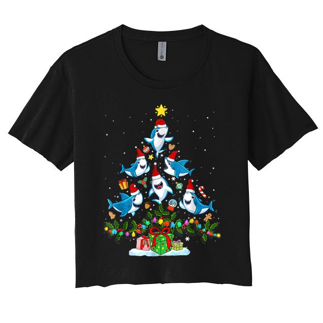 This Is My Christmas Pajama Shirt Funny Christmas Shark Tree Women's Crop Top Tee