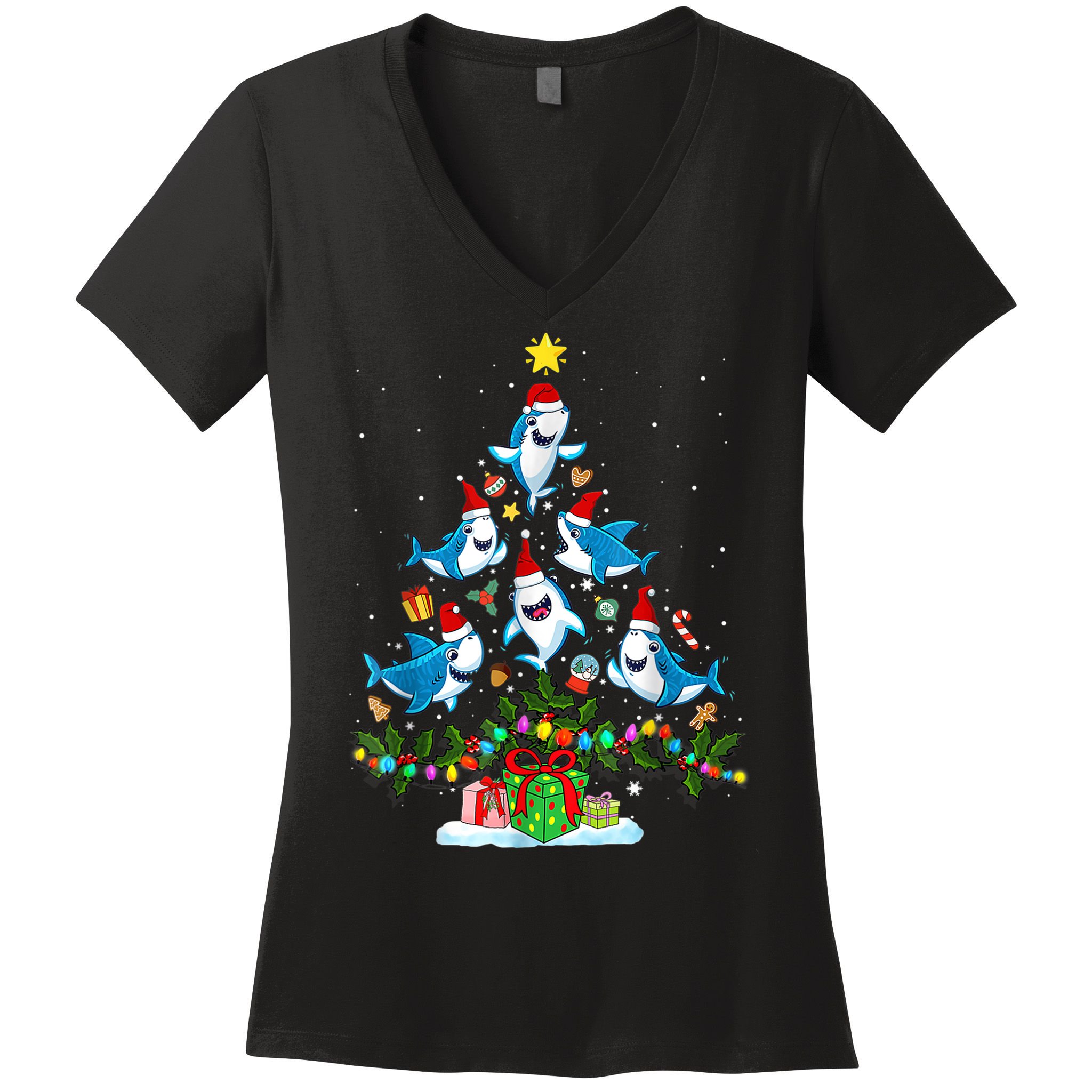 This Is My Christmas Pajama Shirt Funny Christmas Shark Tree Women's V-Neck T-Shirt