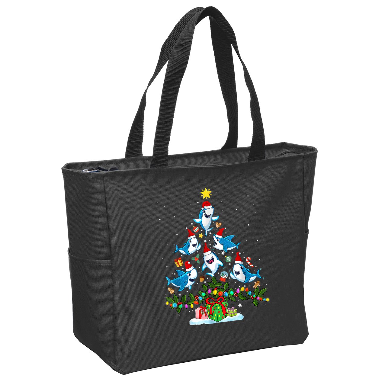 This Is My Christmas Pajama Shirt Funny Christmas Shark Tree Zip Tote Bag