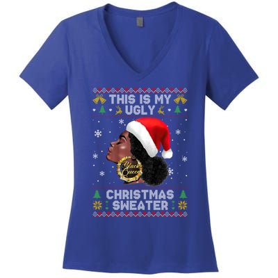 This Is My Ugly Sweater Funny Christmas Black Queen Santa Gift Women's V-Neck T-Shirt