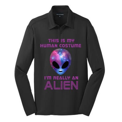 This Is My Human Costume Im Really An Alien Silk Touch Performance Long Sleeve Polo