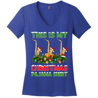 This Is My Christmas Pajamas Musical Saxophone Christmas Gift Women's V-Neck T-Shirt