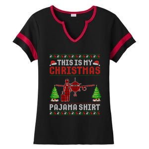 This Is My Christmas Pajama Flight Attendant Ugly Gift Ladies Halftime Notch Neck Tee