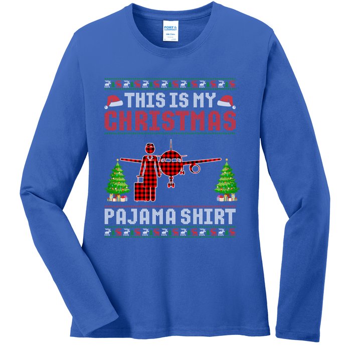 This Is My Christmas Pajama Flight Attendant Ugly Gift Ladies Long Sleeve Shirt