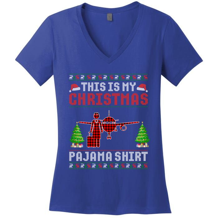 This Is My Christmas Pajama Flight Attendant Ugly Gift Women's V-Neck T-Shirt