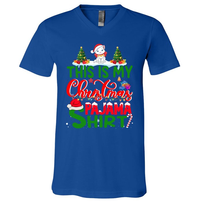 This Is My Christmas Pajama Gift Cat Santa Hat Christmas Cool Gift V-Neck T-Shirt