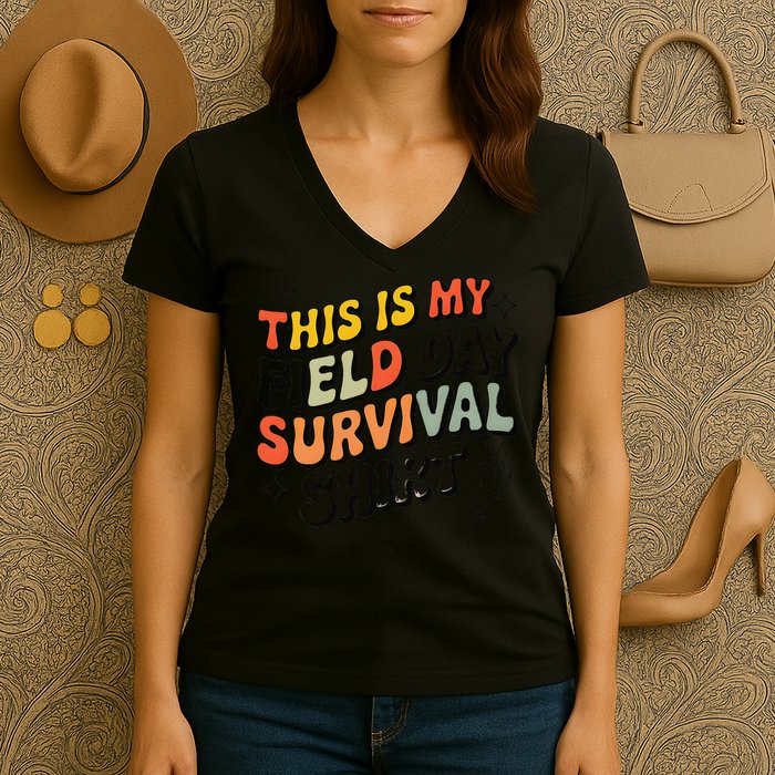 This Is My Field Day Survival School Teacher Student Funny Women's V-Neck T-Shirt