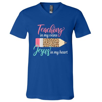 Teaching In My Veins Jesus In My Heart Christian Teacher V-Neck T-Shirt