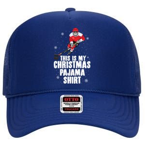 This Is My Christmas Pajama Gift Funny Ice Hockey Santa Gift High Crown Mesh Back Trucker Hat