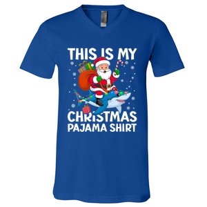 This Is My Christmas Pajama Shark Santa Hat Snowflakes Xmas Cute Gift V-Neck T-Shirt