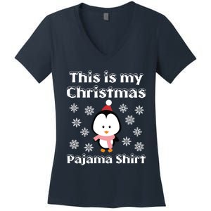 This Is My Christmas Pajama Cute Penguin Women's V-Neck T-Shirt