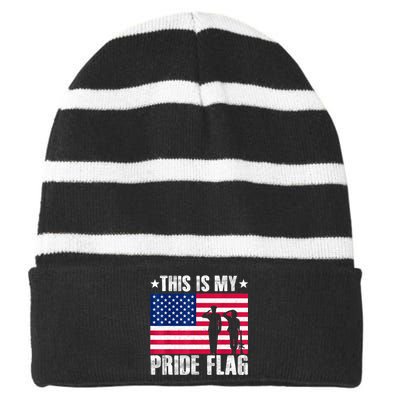 This Is My Pride Flag USA American 4th Of July Patriotic Striped Beanie with Solid Band