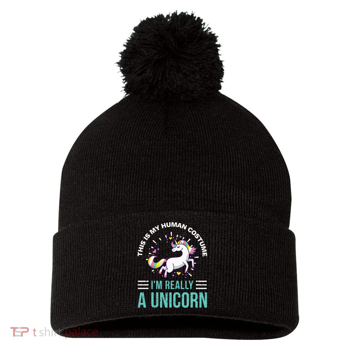 This Is My Human Costume Im Really A Unicorn Pom Pom 12in Knit Beanie