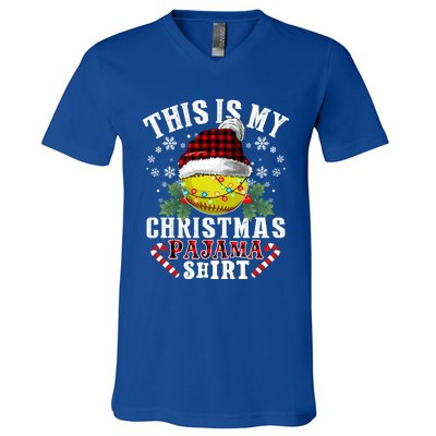 This Is My Christmas Pajama Funny Gift Softball Ball Sport Xmas Cute Gift V-Neck T-Shirt