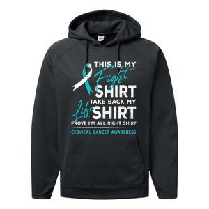 This Is My Fight Cervical Cancer Awareness White Teal Ribbon Performance Fleece Hoodie