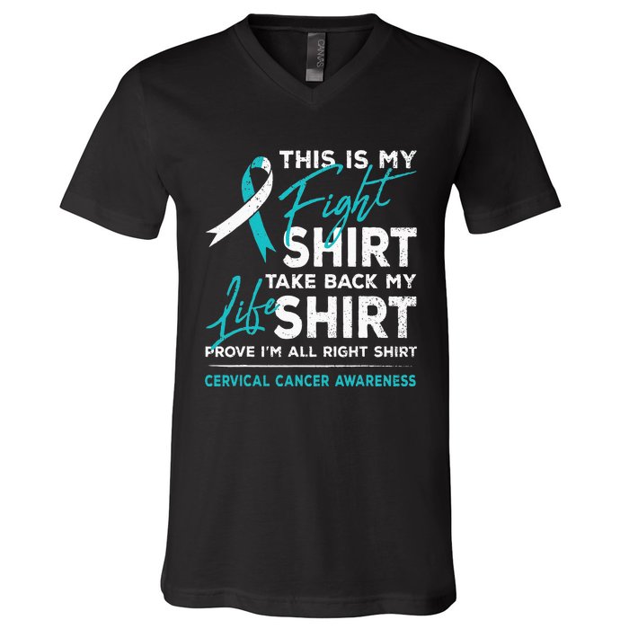 This Is My Fight Cervical Cancer Awareness White Teal Ribbon V-Neck T-Shirt