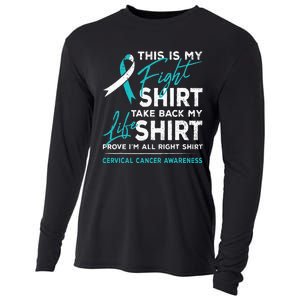 This Is My Fight Cervical Cancer Awareness White Teal Ribbon Cooling Performance Long Sleeve Crew