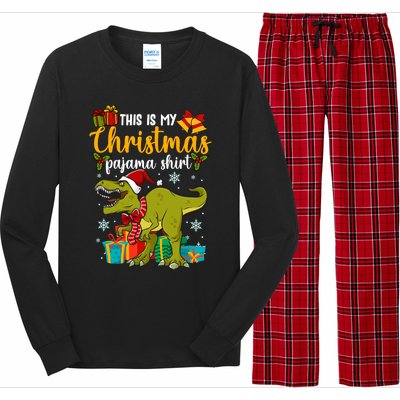 This Is My Christmas Pajamagift Dinosaur With Xmas Hat Gift Long Sleeve Pajama Set