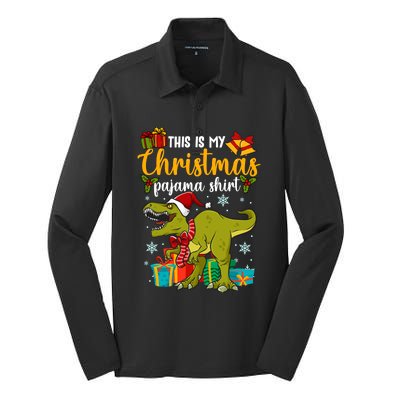 This Is My Christmas Pajamagift Dinosaur With Xmas Hat Gift Silk Touch Performance Long Sleeve Polo