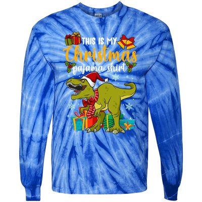 This Is My Christmas Pajamagift Dinosaur With Xmas Hat Gift Tie-Dye Long Sleeve Shirt