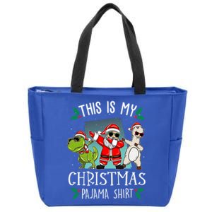 This Is My Christmas Pjs Dabbing Santa Dinosaur Llama Xmas Gift Zip Tote Bag