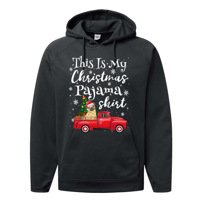 This Is My Christmas Pajama Pug Santa Funny Xmas Tree Long Sleeve Performance Fleece Hoodie