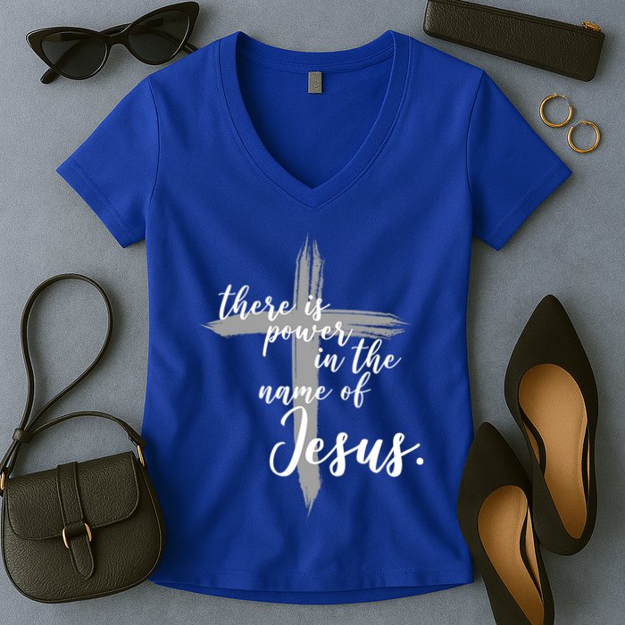There Is Power In The Name Of Jesus Cross Women's V-Neck T-Shirt