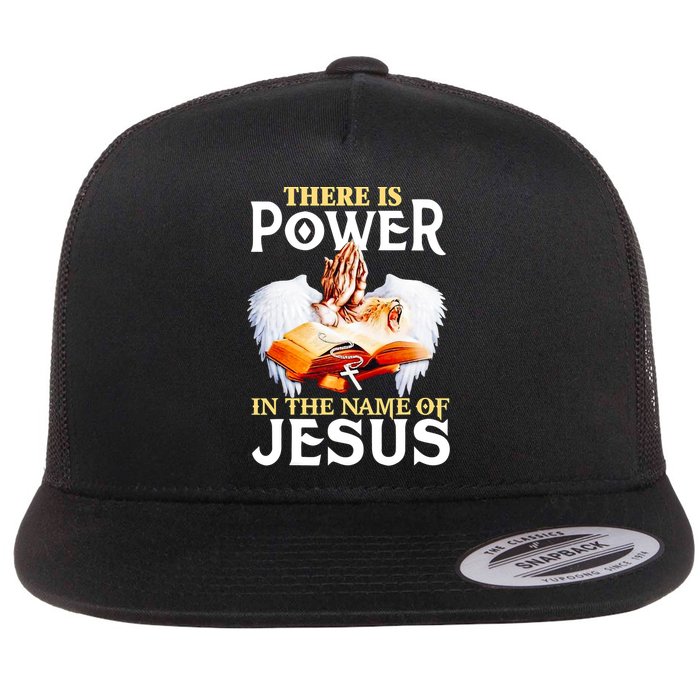 There Is Power In The Name Of Jesus Cross God Faith Christian Jesus Flat Bill Trucker Hat