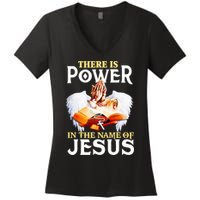 There Is Power In The Name Of Jesus Cross God Faith Christian Jesus Women's V-Neck T-Shirt