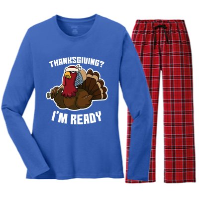 Thanksgiving Im Ready Funny Gangster Turkey Thanksgiving Cool Gift Women's Long Sleeve Flannel Pajama Set 