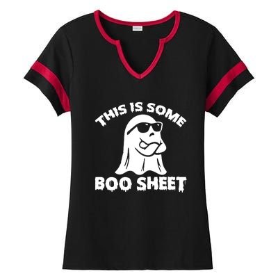 Funny Halloween Boo Ghost Costume This is Some Boo Sheet Ladies Halftime Notch Neck Tee