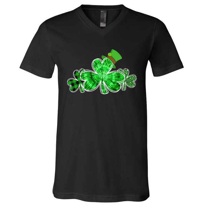 Three Irish Tie Dye Leopard Plaid Shamrocks St Patricks Day V-Neck T-Shirt