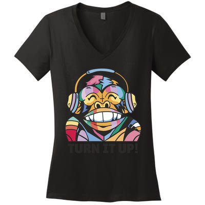 Turn It Up Music Monkey Women's V-Neck T-Shirt