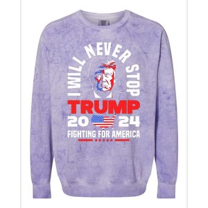 Trump I Will Never Stop 2024 Fighting For America Colorblast Crewneck Sweatshirt