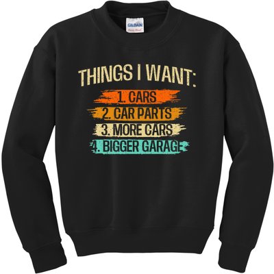 Things I Want Car Parts Enthusiast Auto Mechanic Engine Kids Sweatshirt