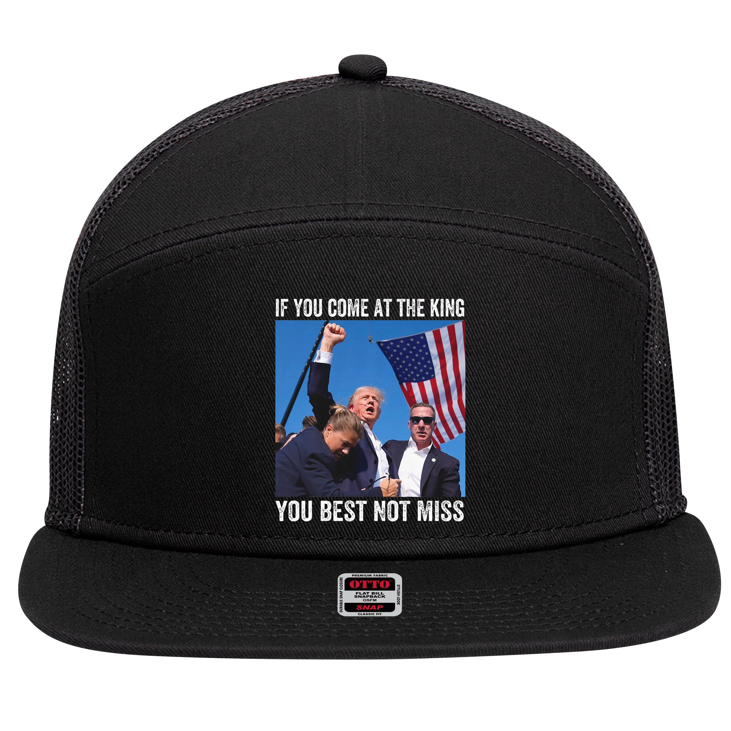 Trump If You Come At The King You Best Not Miss 7 Panel Mesh Trucker Snapback Hat