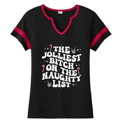 The Jolliest Bitch On The Naughty List Funny Christmas Ladies Halftime Notch Neck Tee