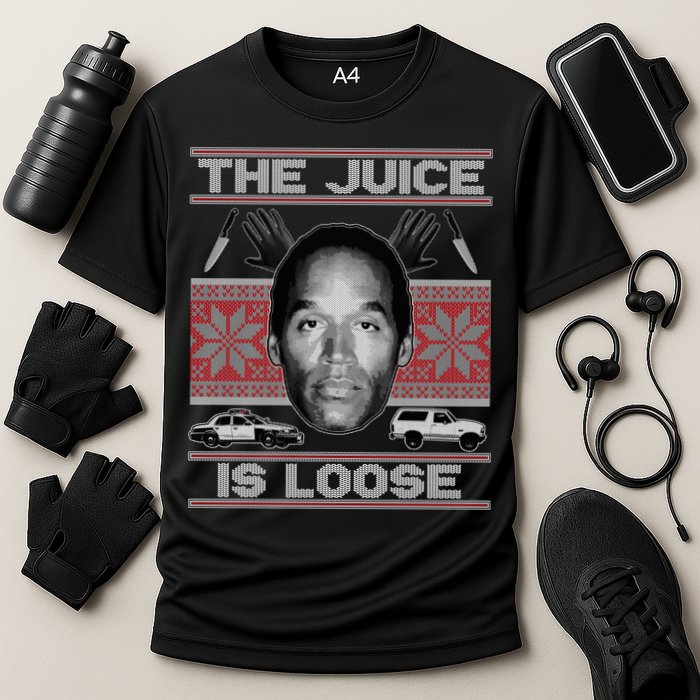 The Juice Is Loose OJ Ugly Christmas Sweater Cooling Performance Crew T-Shirt